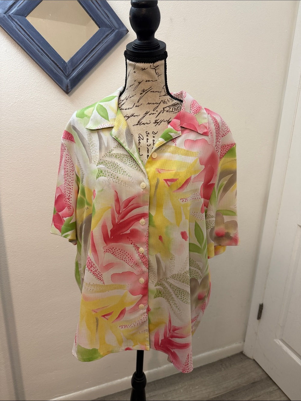 Alia Floral Short-Sleeve Button Down Top in Pink, Yellow & Green